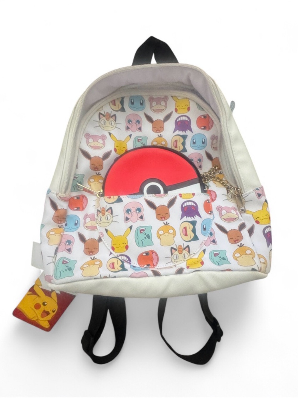 Kids White Multi-Color Character Print Backpack with Red Poké Ball Accent